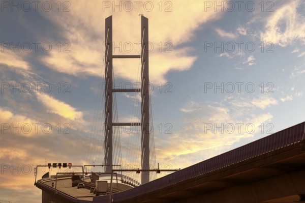 Rügen bridge in front of sunset, atmospheric, Rügen dam, connects the island of Rügen with the Hanseatic city of Stralsund, Mecklenburg-Western Pomerania, Germany