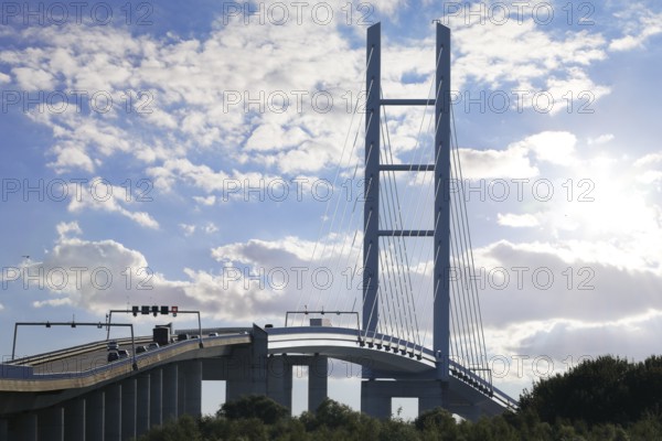 Rügen bridge, traffic, backlight, Rügen dam, connects the island of Rügen with the Hanseatic city of Stralsund, Mecklenburg-Western Pomerania, Germany