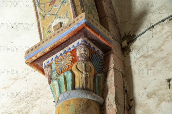 Compains, carved capital, Saint Georges church, Auvergne Volcanoes Regional Park, Cezallier region, Puy de Dome, Auvergne Rhone Alpes, France