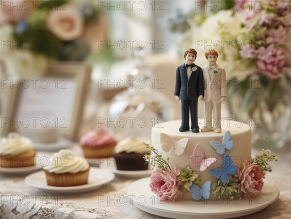 Wedding cake with male bride and groom topper and floral decoration, symbolic image for same-sex marriage, love, LGBTQ, AI generated, AI generated