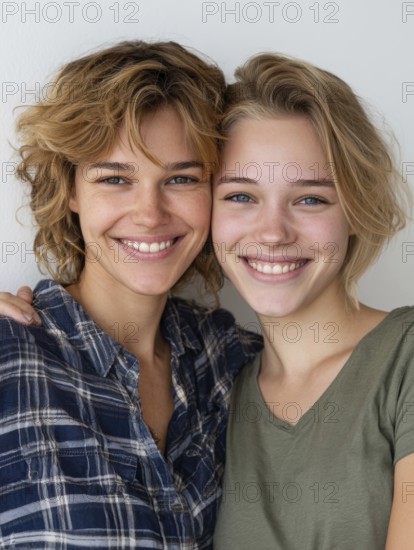 Two smiling woman in casual clothes pose friendly on a wall, symbolic image for same-sex relationship, love, marriage, LGBTQ, AI generated, AI generated