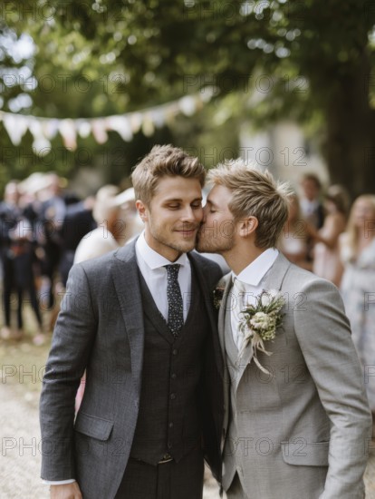 A male couple in a suit, one kissing the other on the cheek, surrounded by guests outdoors, symbolising same-sex marriage, love, LGBTQ, AI generated, AI generated