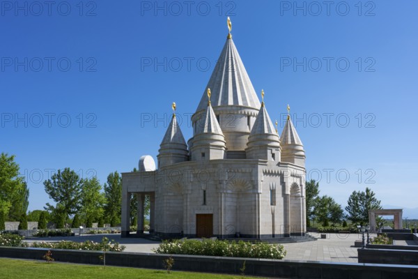 A modern sanctuary with multi-towered architecture under a clear blue sky, Yazidi temple, the largest Yazidi temple in the world is called Quba Mere Diwane, Aknalich, Aknalich, Armavir district, Armenia