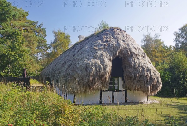 A small house with a seaweed roof surrounded by nature, trees and grass, Læsø, Jutland, Kattegat, Denmark