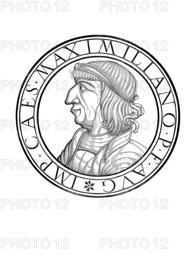 Maximilian I., Archduke Maximilian of Austria, (born 22 March 1459 at the castle in Wiener Neustadt, died 12 January 1519 at Wels Castle, Austria ob der Enns) from the Habsburg dynasty was Duke of Burgundy by marriage from 1477, Roman-German King from 1486, Lord of the Habsburg Hereditary Lands from 1493 and Roman-German Emperor in the Holy Roman Empire of the German Nation from 4 February 1508 until his death, authentic, digitally restored reproduction from a 19th century original, record date not stated