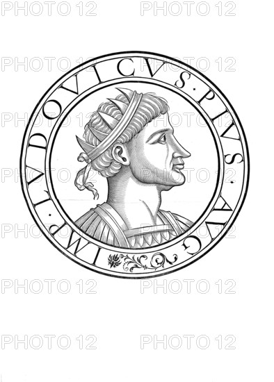 Louis I, Louis the Pious, Louis le Pieux, (born June/August 778 in Chasseneuil near Poitiers, died 20 June 840 in Ingelheim am Rhein) was King of the Frankish Empire (in Aquitaine from 781, in the Empire as a whole from 814) and Emperor (813 to 840), authentic, digitally restored reproduction from a 19th century original, record date not stated