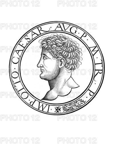 Marcus Salvius Otho (born 28 April 32 in Ferentium, died 16 April 69 in Brixellum) was Roman Emperor from 15 January 69 until his death three months later, authentic, digitally restored reproduction from a 19th century original, record date not stated