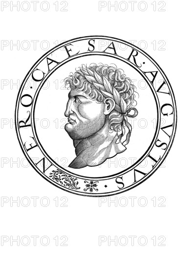 Nero Claudius Caesar Augustus Germanicus (born 15 December 37 in Antium, died 9 or 11 June 68 near Rome) was emperor of the Roman Empire from 54 to 68. He was the fifth and last emperor of the Julio-Claudian dynasty, authentic, digitally restored reproduction from a 19th century original, record date not stated