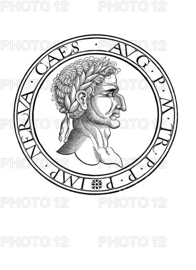 Nerva (born 8 November 30 in Narnia in Umbria, died 27 January 98 in Rome) succeeded Domitian as Roman emperor from 18 (or 19) September 96 until his death. His full birth name was Marcus Cocceius Nerva, as emperor he went by the name Imperator Nerva Caesar Augustus, authentic, digitally restored reproduction from a 19th century original, record date not stated