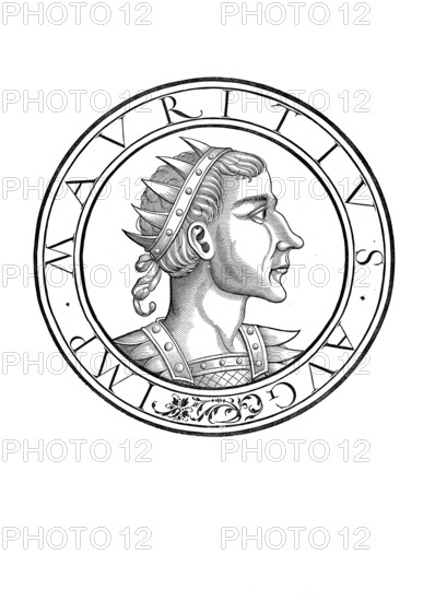 Maurikios, Flavius Mauricius Tiberius, (born 539 in Arabissos, died 27 November 602 in Chalkedon) was emperor of the Eastern Roman Empire from 13 August 582 to 27 November 602 and one of the most important late antique and early Byzantine rulers, authentic, digitally restored reproduction from a 19th century original, record date not stated