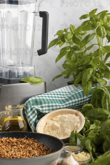 Ingredients for pesto such as basil, sunflower seeds, olive oil and parmesan next to a blender