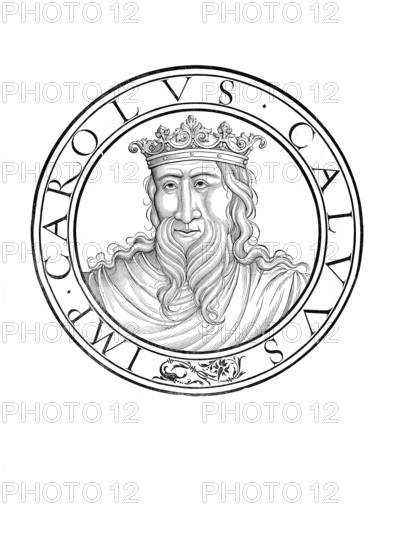 Charles II (born 13 June 823 in Frankfurt, died 6 October 877 in Avrieux near Modane), called Charles the Bald, of the Carolingian dynasty, was King of the West Franks from 843 to 877 and King of Italy and Roman Emperor from 875 to 877, authentic, digitally restored reproduction from a 19th century original, record date not stated