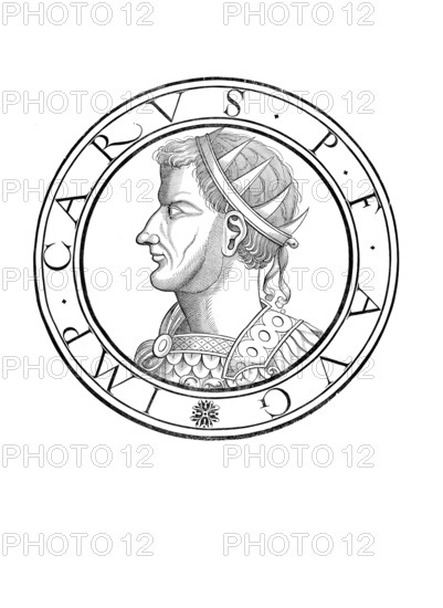 Marcus Aurelius Carus (born around 223 in Narbo Martius, died 283 in Mesopotamia) was Roman emperor from 282 to 283, authentic, digitally restored reproduction from a 19th century original, record date not stated