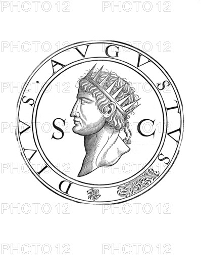 Augustus, Gaius Octavius, (born 23 September 63 BC, died 19 August 14 AD in Nola near Naples) was the first Roman emperor, authentic, digitally restored reproduction from a 19th century original, record date not stated