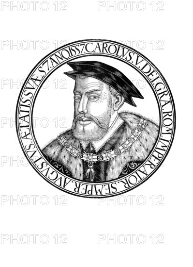 Charles V, Carlos I, Charles Quint, (born 24 February 1500 in the Prinzenhof, Ghent, Burgundian Netherlands, died 21 September 1558 in Cuacos de Yuste, Spain) was a member of the Habsburg dynasty, Emperor of the Holy Roman Empire and as Charles I King of Spain, authentic, digitally restored reproduction from a 19th century original, record date not stated