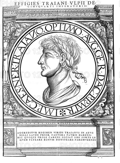 Trajan (born 18 September 53, perhaps Italica, died 8 August 117 in Selinus, Cilicia) was Roman emperor from January 98 to 117. His birth name was Marcus Ulpius Traianus, as emperor he went by the name Imperator Caesar Nerva Traianus Augustus, authentic, digitally restored reproduction from a 19th century original, record date not stated