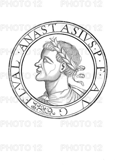 Anastasios I, Anastasius, as Emperor Imperator Caesar Flavius Anastasius Augustus (born around 430 in Dyrrachium, died 9/10 July 518 in Constantinople) was Eastern Roman Emperor from 491 to 518, authentic, digitally restored reproduction from a 19th century original, record date not stated