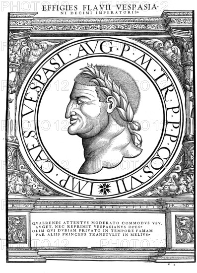 Vespasian (born 17 November 9 in Falacrinae, died 23 June 79 in Aquae Cutiliae) was Roman emperor from 1 July 69 until his death. His birth name was Titus Flavius Vespasianus, as emperor he went by the name Imperator Caesar Vespasianus Augustus, authentic, digitally restored reproduction from a 19th century original, record date not stated