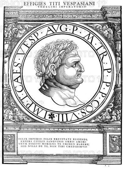 Titus (born 30 December 39 in Rome, died 13 September 81 in Aquae Cutiliae, Latium) was the second Roman emperor of the Flavian dynasty, succeeding his father Vespasian. He reigned from 24 June 79 until his death. His full birth name was Titus Flavius Vespasianus, like that of his father, and as emperor he went by the name Imperator Titus Caesar divi Vespasiani filius Vespasianus Augustus, authentic, digitally restored reproduction from a 19th century original, record date not stated