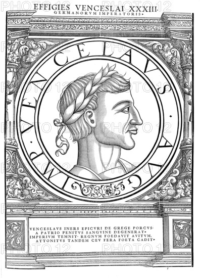 Wenceslas of Luxembourg of the House of Luxembourg, nicknamed the Lazy, (born 26 February 1361 in Nuremberg, died 6 August 1419 at Wenceslas Castle), was King of Bohemia from his coronation as a child in 1363 until his death in 1419 as Wenceslas IV and Roman-German King from 1376 until his deposition in 1400, authentic, digitally restored reproduction from a 19th century original, record date not stated