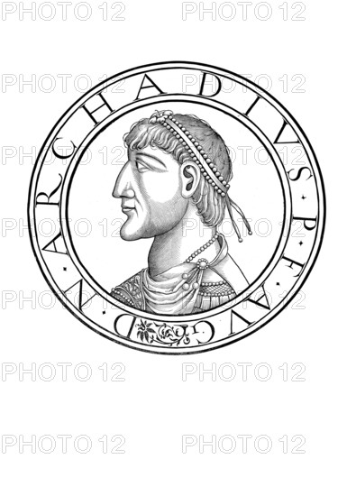 Flavius Arcadius, Arkadios, (born around 377 in Hispania, died 1 May 408 in Constantinople) was emperor of the eastern half of the Imperium Romanum between 395 and 408 and is therefore regarded as the first ruler of the Eastern Roman or Byzantine Empire, authentic, digitally restored reproduction from a 19th century original, record date not stated