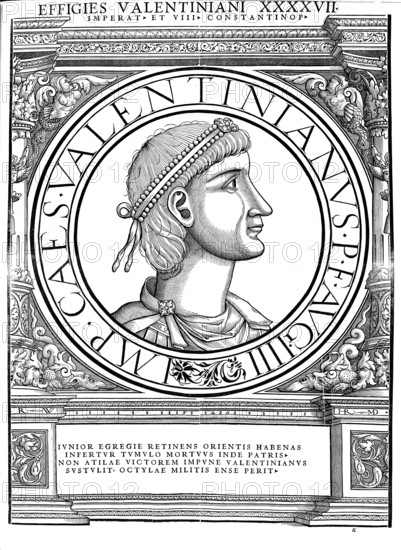 Valentinian III (born 2 July 419 in Ravenna, died 16 March 455 in Rome), full name Flavius Placidius Valentinianus, was emperor of the Western Roman Empire from 425 to 455, authentic, digitally restored reproduction from a 19th century original, record date not stated