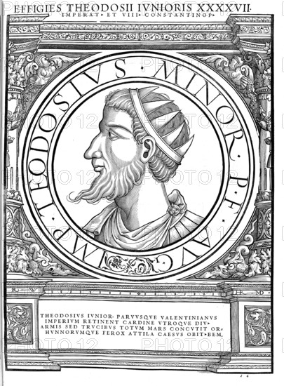 Theodosius II (born 10 April 401 in Constantinople, died 28 July 450 in Constantinople), only son of Aelia Eudoxia and Arcadius, was Eastern Roman Emperor from 408 until his death, authentic, digitally restored reproduction from a 19th century original, record date not stated