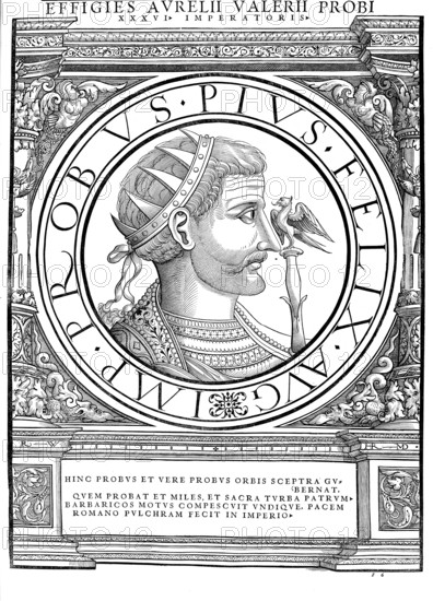 Marcus Aurelius Probus, as Emperor Imperator Caesar M. Aurelius Probus Augustus (born 19 August 232 in Sirmium, Lower Pannonia, died 282 ibid.) was Roman Emperor from 276 to 282, authentic, digitally restored reproduction from a 19th century original, record date not stated
