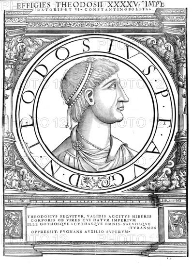Theodosius I, Flavius Theodosius, (born 11 January 347 in Cauca, Hispania, died 17 January 395 in Mediolanum, today's Milan), also Theodosius the Great, Theodosius Magnus), was Roman emperor from 379 to 395 and the last emperor to rule the entire Roman Empire, authentic, digitally restored reproduction from a 19th century original, record date not stated