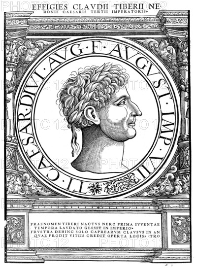 Tiberius Iulius Caesar Augustus, in front of the adoption by Augustus Tiberius Claudius Nero, (born 16 November 42 BC in Rome, died March 37 AD at Cape Misenum) was Roman emperor from 14 to 37 AD. After his stepfather Augustus, Tiberius was the second emperor of the Roman Empire, authentic, digitally restored reproduction from a 19th century original, record date not stated