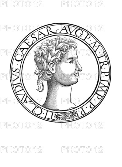 Tiberius Claudius Caesar Augustus Germanicus, in front of his accession to power Tiberius Claudius Nero Germanicus, (born 1 August 10 BC in Lugdunum, today Lyon, died 13 October 54 AD) was the fourth Roman emperor of the Julio-Claudian dynasty, authentic, digitally restored reproduction from a 19th century original, record date not stated