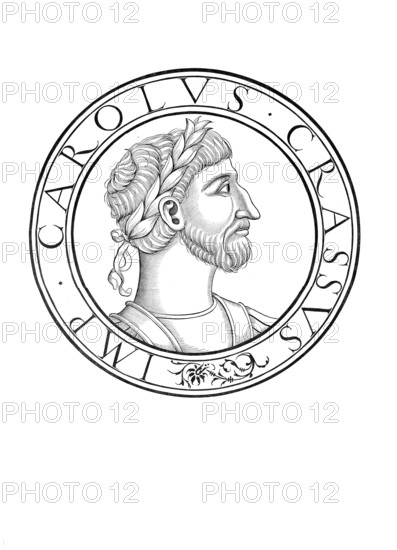 Charles III (born 839, died 12 January 888 in Neudingen) of the Carolingian dynasty was King of the East Franks from 876 to 887, King of Italy from 879 to 887, King of the Bavarians from 882, King of the West Franks from 885 to 888 and Roman Emperor from 881 to 888, authentic, digitally restored reproduction from a 19th century original, record date not stated