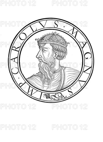 Charlemagne (born probably 2 April 747 or 748, died 28 January 814 in Aachen) was king of the Frankish Empire from 768 to 814. On 25 December 800, he became the first Western European ruler since antiquity to become emperor, authentic, digitally restored reproduction from a 19th century original, record date not stated