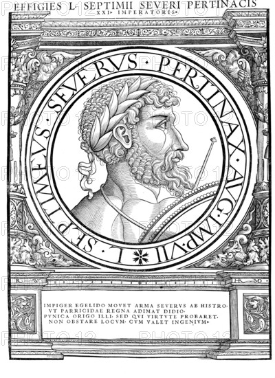 Lucius Septimius Severus Pertinax (born 11 April 146 in Leptis Magna in today's Libya, died 4 February 211 in Eboracum, today York) was Roman Emperor from 9 April 193 to 4 February 211, authentic, digitally restored reproduction from a 19th century original, record date not stated