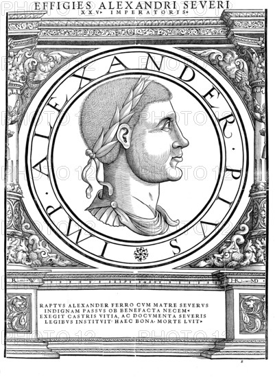 Severus Alexander (born 1 October 208 in Arca Caesarea, Arqa in present-day Lebanon, died in March 235 near Mogontiacum) was Roman emperor from 13 March 222 until his death. His original name was Bassianus Alexianus. From June 221 he called himself Marcus Aurelius Alexander, as emperor he bore the name Marcus Aurellius Severus Alexander, authentic, digitally restored reproduction from a 19th century original, record date not stated