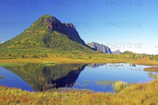 Mountain landscape with lake reflecting the surrounding greenery and clear blue sky, autumn, Leknes, Lofoten, Nordland, Norway