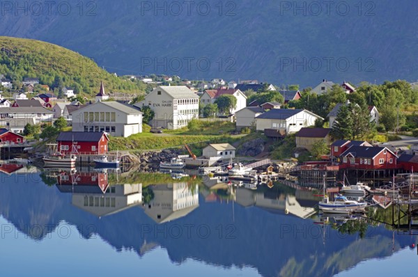 Small village with colourful houses and harbour facilities, picturesquely situated on the water, reflections, Reine, Reinefjord, Lofoten, Moskenes, Nordland, Norway