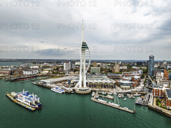 Portsmouth Harbour over Spinnaker Tower from a drone, Portsmouth, Gosport, England, United Kingdom