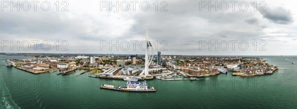 Panorama of Portsmouth Harbour over Spinnaker Tower from a drone, Portsmouth, Gosport, England, United Kingdom