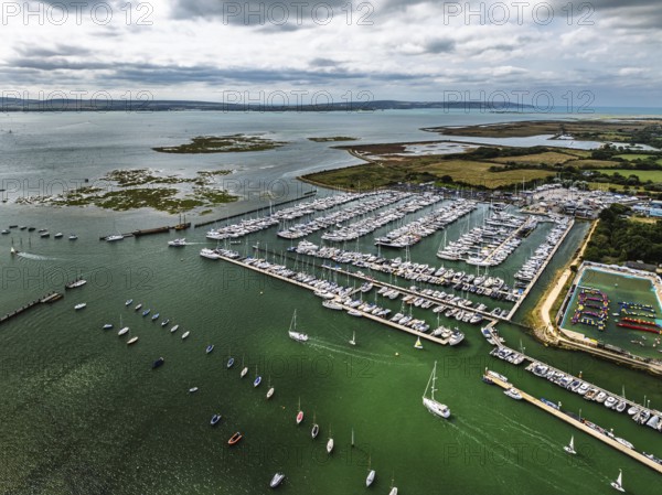Lymington River and marina from drone, Lymington, New Forest, Hampshire, England, United Kingdom