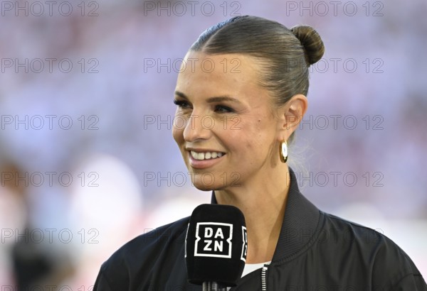 DAZN presenter Laura Wontorra, smiling in interview microphone microphone logo portrait, Bundesliga, MHPArena, MHP Arena Stuttgart, Baden-Württemberg, Germany