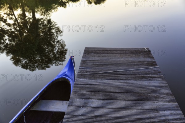 Jetty, wooden jetty with boat at a pond, camping site, evening light, Hodorf, Itzehoe, Schleswig-Holstein, Germany