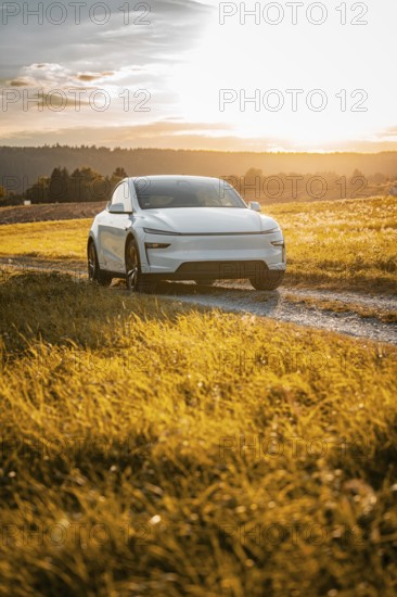 White car on a path surrounded by golden grass at sunset, Tesla Model Y Juniper, electric car