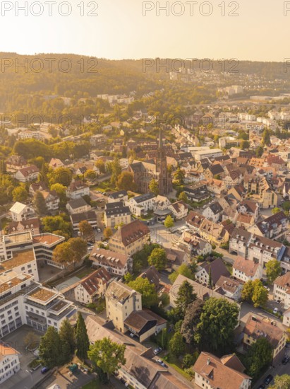 Aerial view of a town with many historic buildings and a church building, small town pearl Nagold, Black Forest, Germany