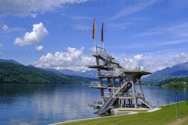 Outdoor pool, diving tower, Millstatt, Lake Millstatt, Carinthia, Austria