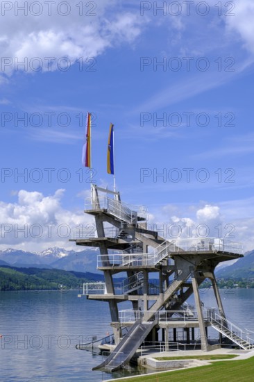 Outdoor pool, diving tower, Millstatt, Lake Millstatt, Carinthia, Austria