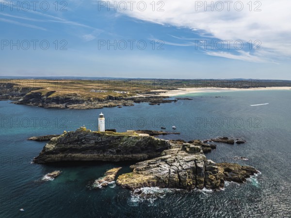 Godrevy Lighthouse from a drone, Godrevy Island, St Ives Bay, Cornwall, England, United Kingdom