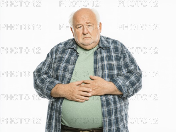 Elderly overweight man looks worried and holds his hands on his stomach, AI generated, AI generated