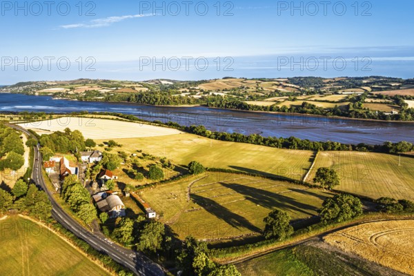 Farms and Fields over River Teign and Teignmouth Road from drone, Newton Abbot, Devon, England, United Kingdom