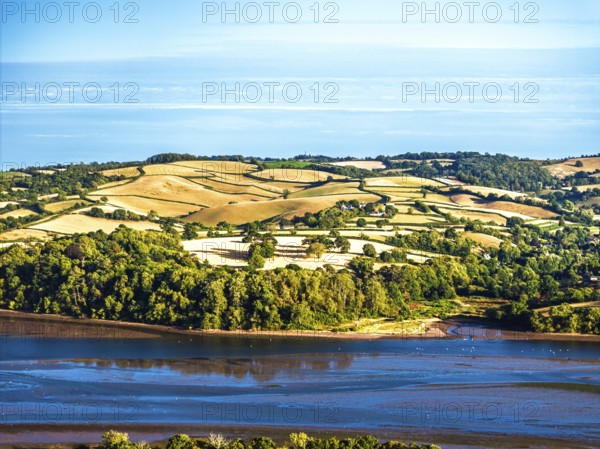 Farms and Fields over River Teign and Shaldon Road from drone, Newton Abbot, Devon, England, United Kingdom